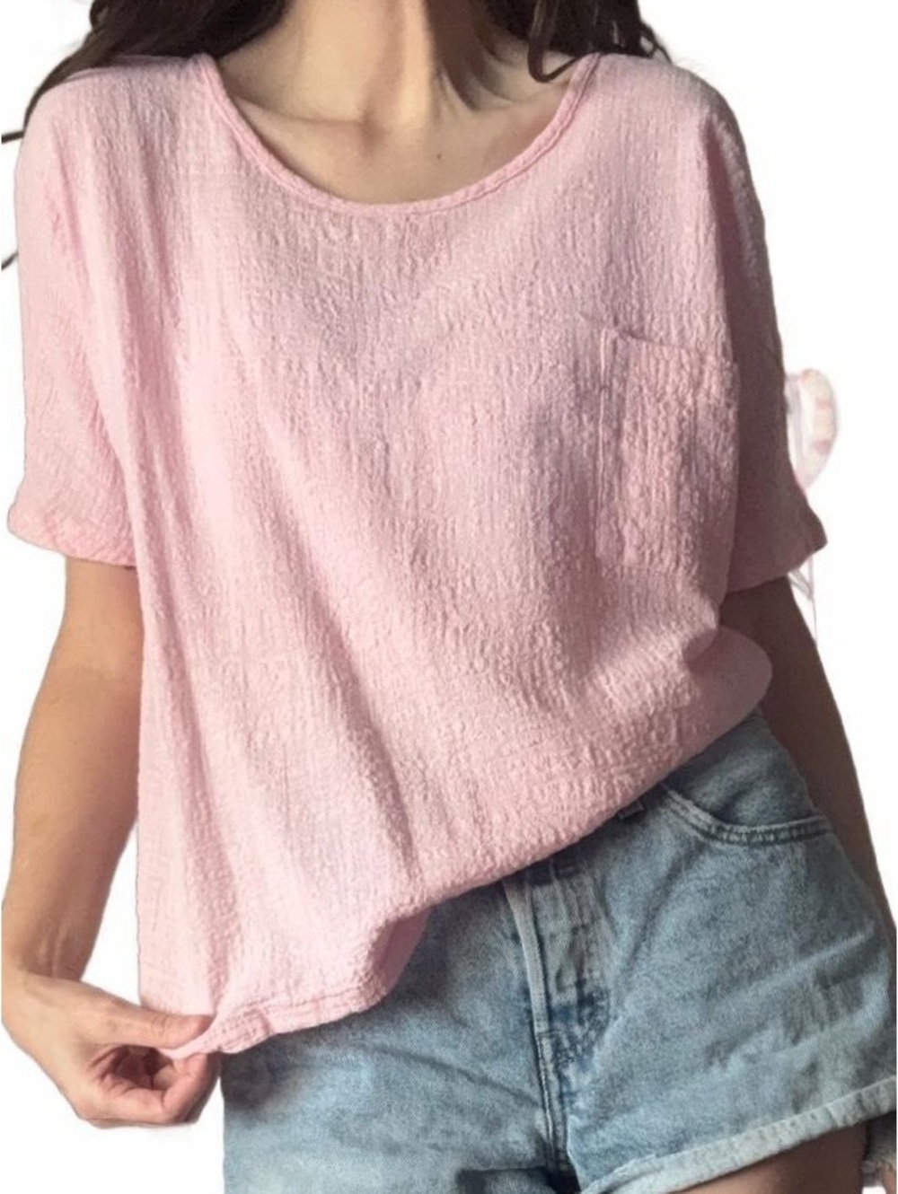 Light Pink Textured Short Sleeve Top with Pocket - Size XL